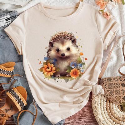 Mode Vrouwen Schattige Dieren Egel Bloemen Print T-shirt Grappig Casual O-hals Korte Mouwen T-shirt Zomer Vrouwelijk T-shirt