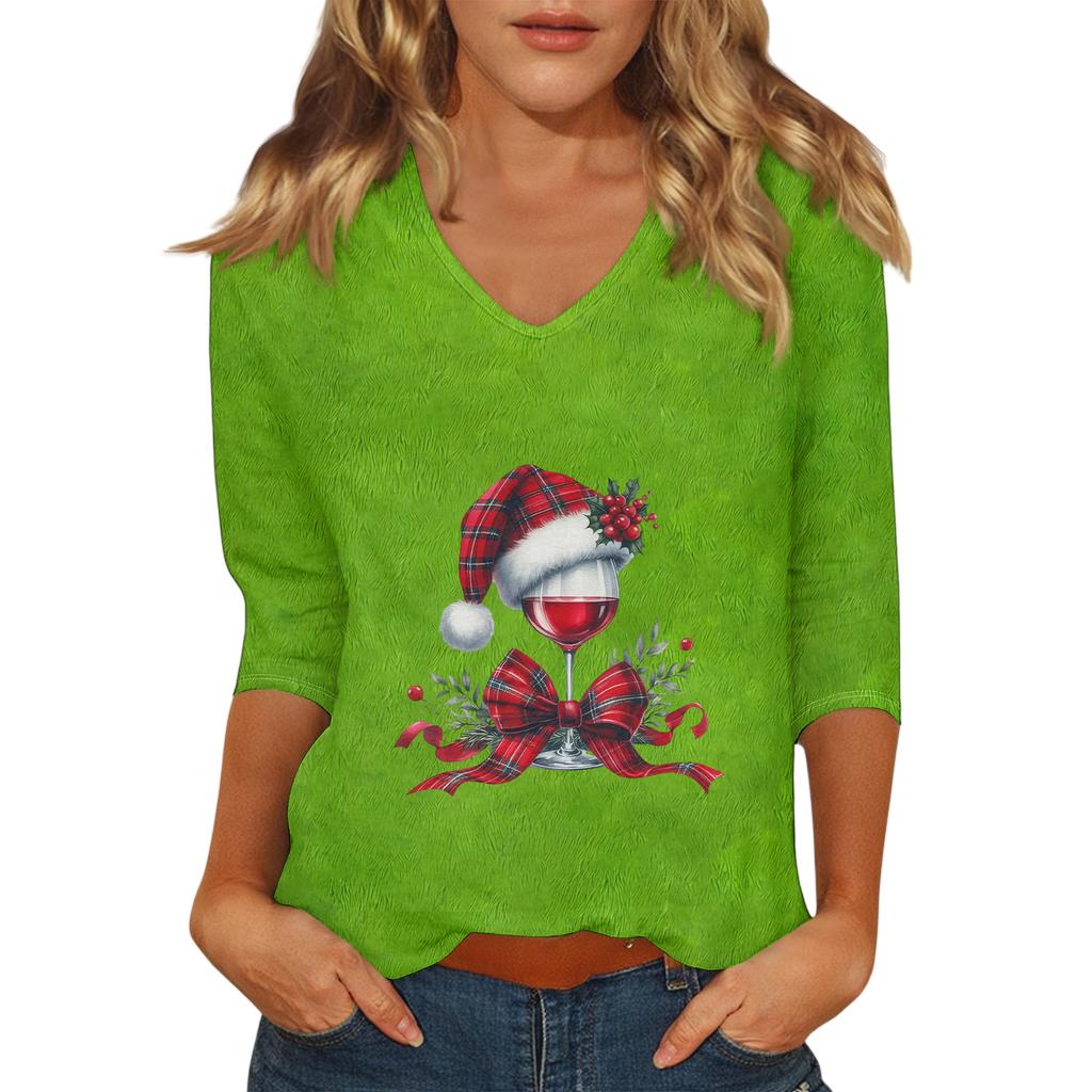 Women's Casual Fashionable Sexy Comfortable V-Neck Christmas Three-Quarter Sleeve Top