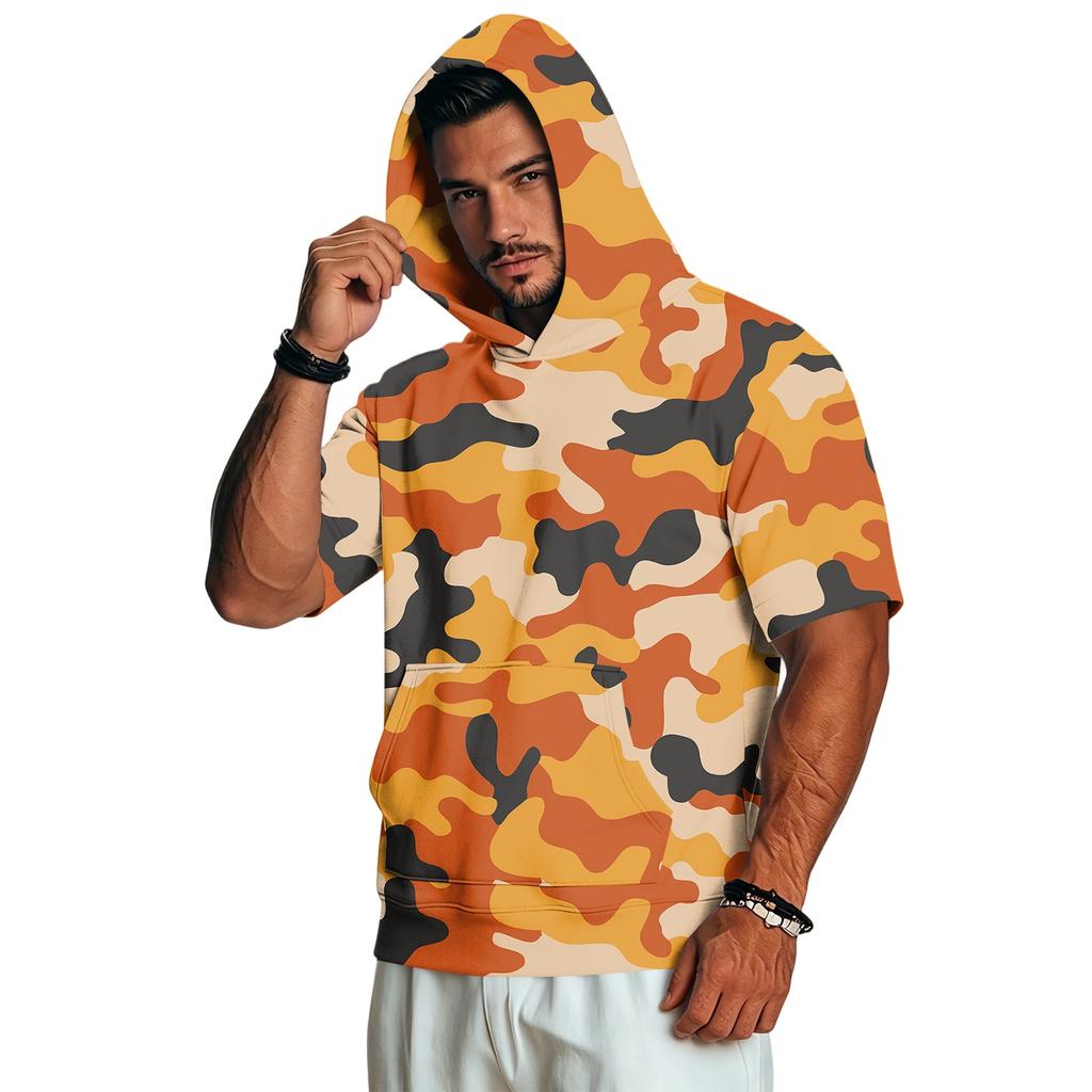 Men's Short Sleeve Hoodie Casual Retro Lightweight Camouflage Print