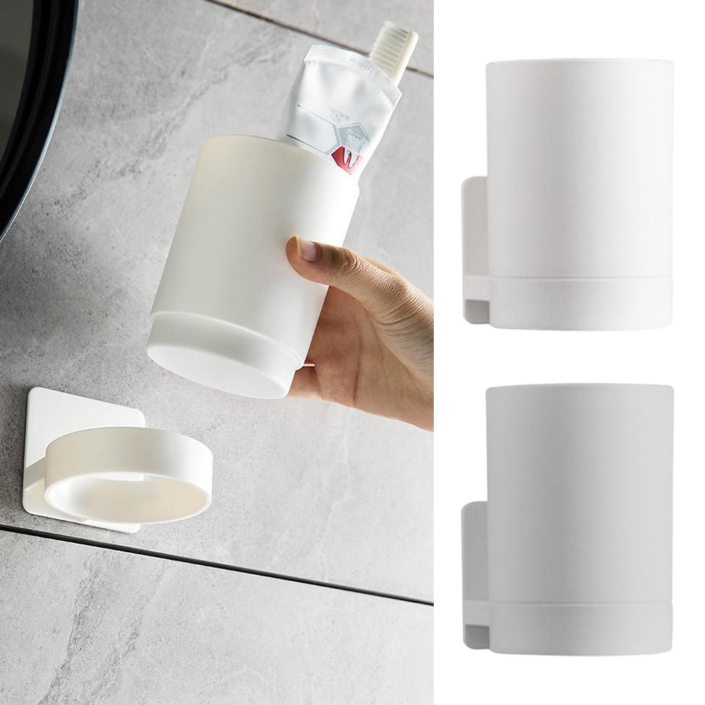 Simple Wall Mounted Mouthwash Cup With Holder Drill-Free Toothpaste Storage Shelf Bathroom Storage Organizer Portable Mouth Wash Cup Suit