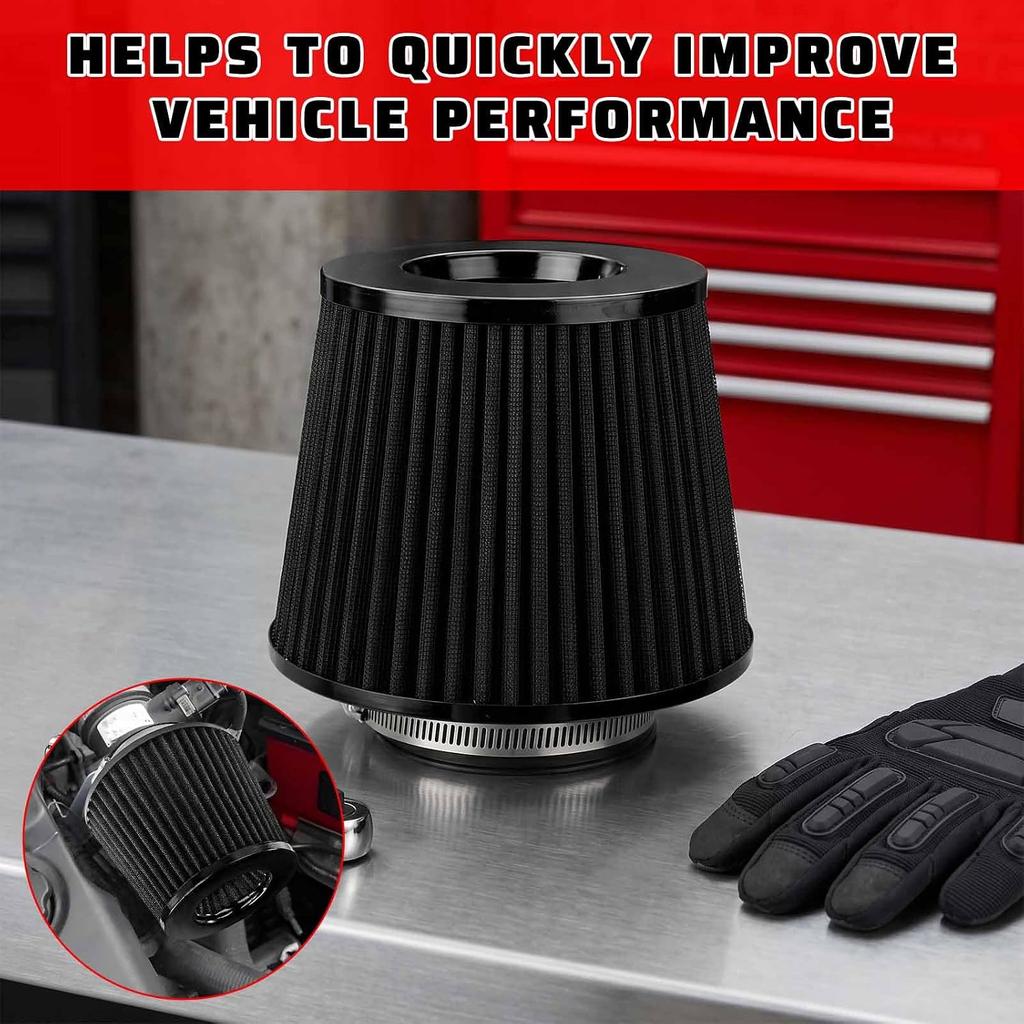 Clamp-on Air Intake Filter, 3/3.5/4 Inch High Flow Vehicle Engine Air Filters Replacement, Washable & Reusable Round Tapered Cone Filters for Cars