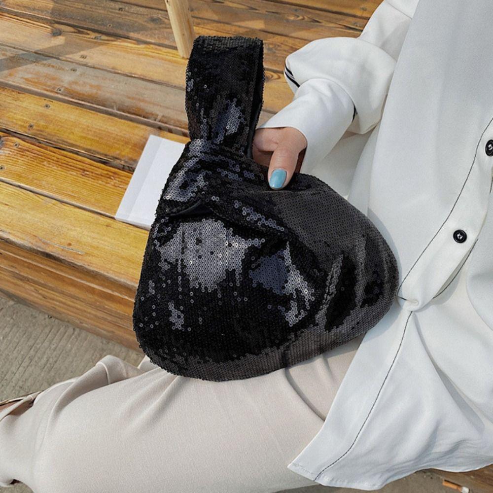 Korean Style Sequin Handbag Solid Color Tote Bag Cute Knot Wrist Bag  Travel