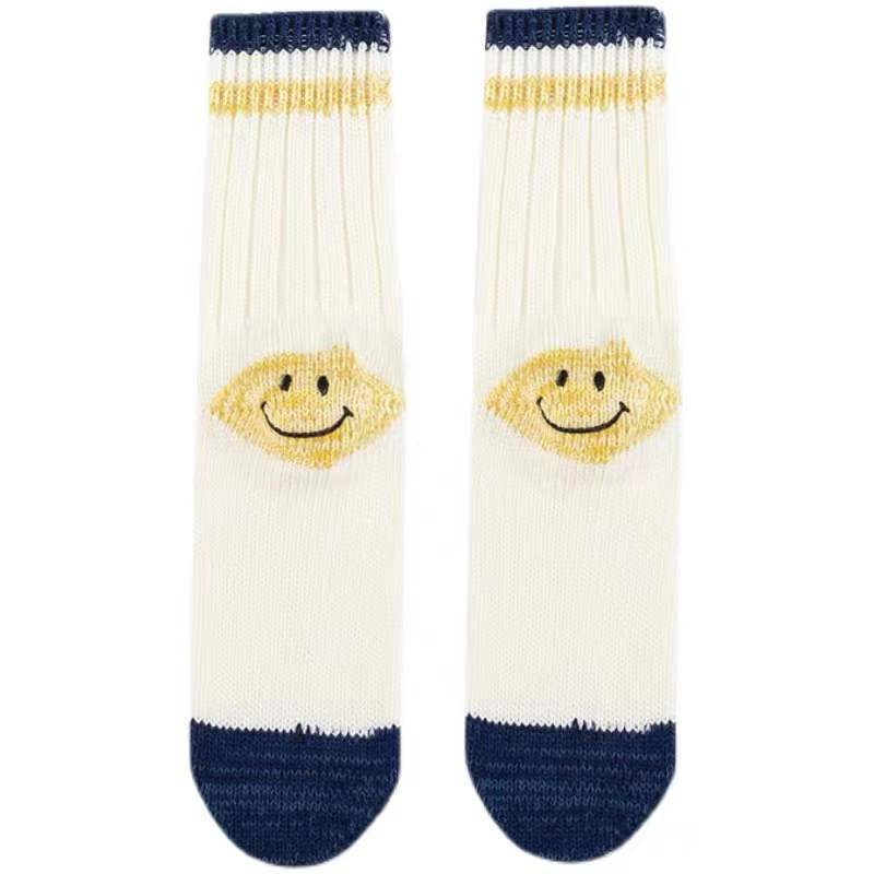 Hirata And Hiroshi Wool Thick Needle Smiley Face Heel Thick Workwear Color-Blocking Striped Mid-Leg Socks Trendy Socks