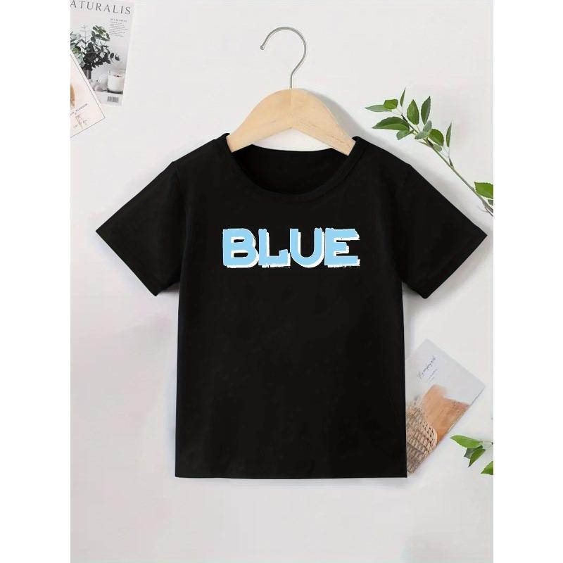 European Size Boys Round Neck Short Sleeved T Shirt with Unique English Print BLUE