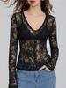 Frühling Sommer Langarm Durchsichtig Schlank Damen Schwarz Rundhals V-Ausschnitt T-Shirt Sexy Spitze Damen T-Shirt Durchsichtig Transparent Netz Oberteile