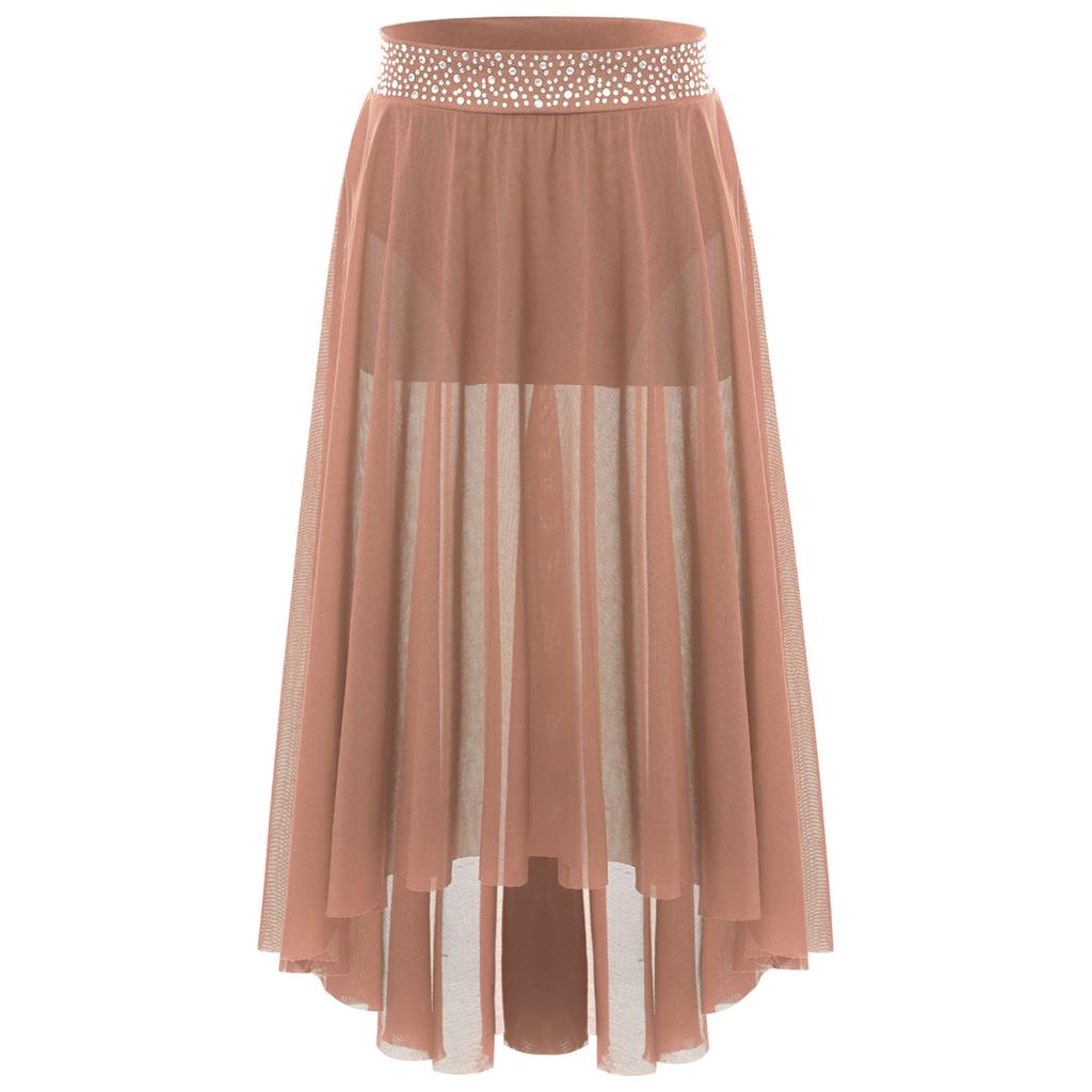 Girls Lyrical Dance Skirt Shiny Rhinestones Waistband Side Slit High Low Irregular Mesh Skirt