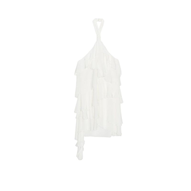 Autumn New Product Women Clothes Asymmetric Hem Hanging Neck Long Dress Laminated Decoration Mini Dress 8228811