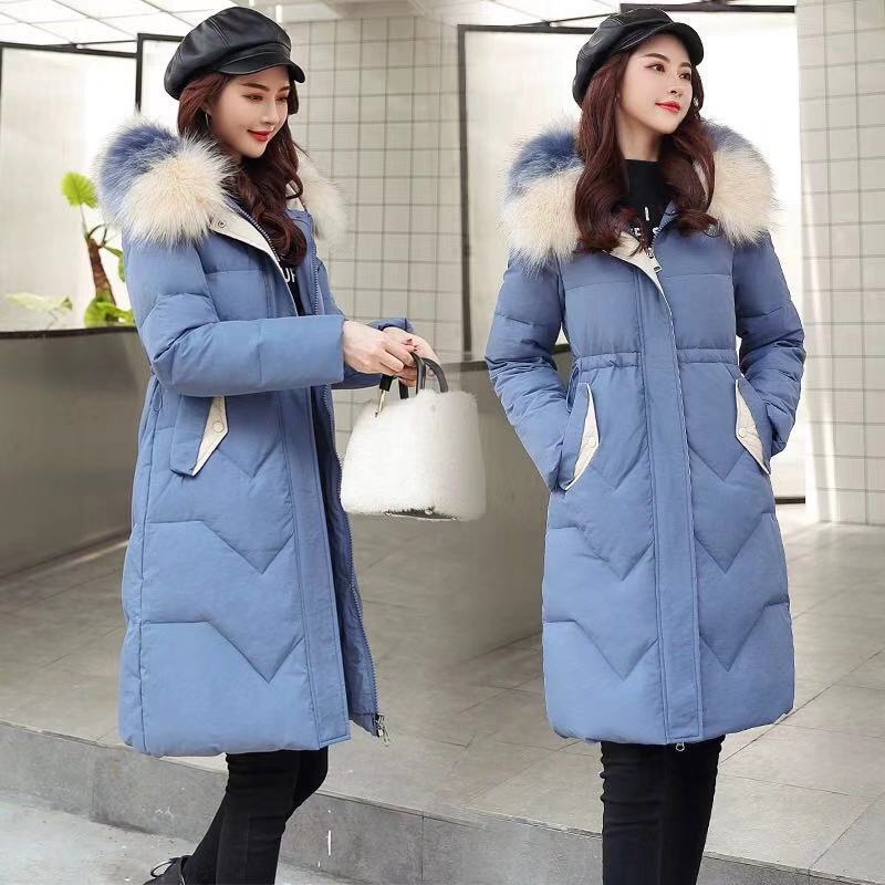 Podzimní a zimní péřová bunda Bavlněná bunda Dámská střední délka Velký kožešinový límec Zesílená bavlněná bunda