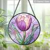 2D Flat Stained Glass Flower Window Decoration, 7.87inches Purple Tulips Design Colored Glass Plate with Chain, Charming Spring Summer Sun Catcher