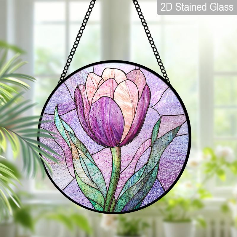 2D Flat Stained Glass Flower Window Decoration, 7.87inches Purple Tulips Design Colored Glass Plate with Chain, Charming Spring Summer Sun Catcher