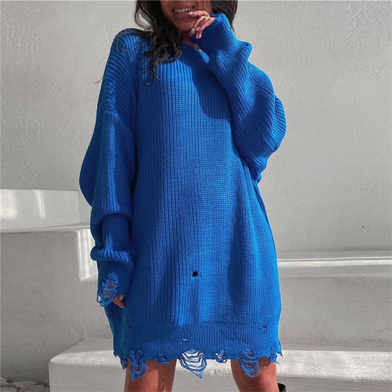 Womens Oversized Knit Sweater Dress Loose Fit Round Neck Solid Color Long Sleeve Mid-Length Pullover Winter