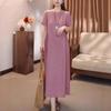 Womens Solid Color Crew Neck Short Sleeve Linen Blend Maxi Dress