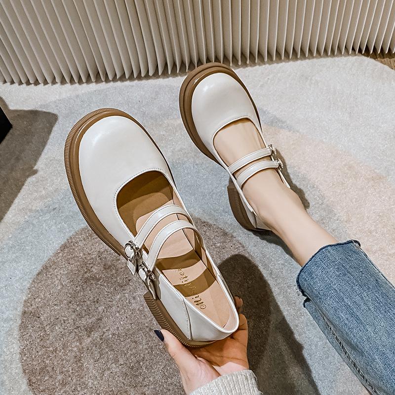 Vår Nya Dam Läderskor Casual Mary Jane Skor Mode Rund Tå Svart Loafers Kittenklackar Stor Storlek 41 -43