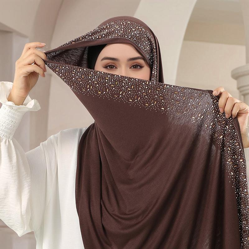 Ramadan Muslimischer Schimmer Strass Jersey Baumwolle Hijab Schal für Damen Einfacher Kopfschal Schal Wickeltuch Islamisches Stirnband Turban Bandana