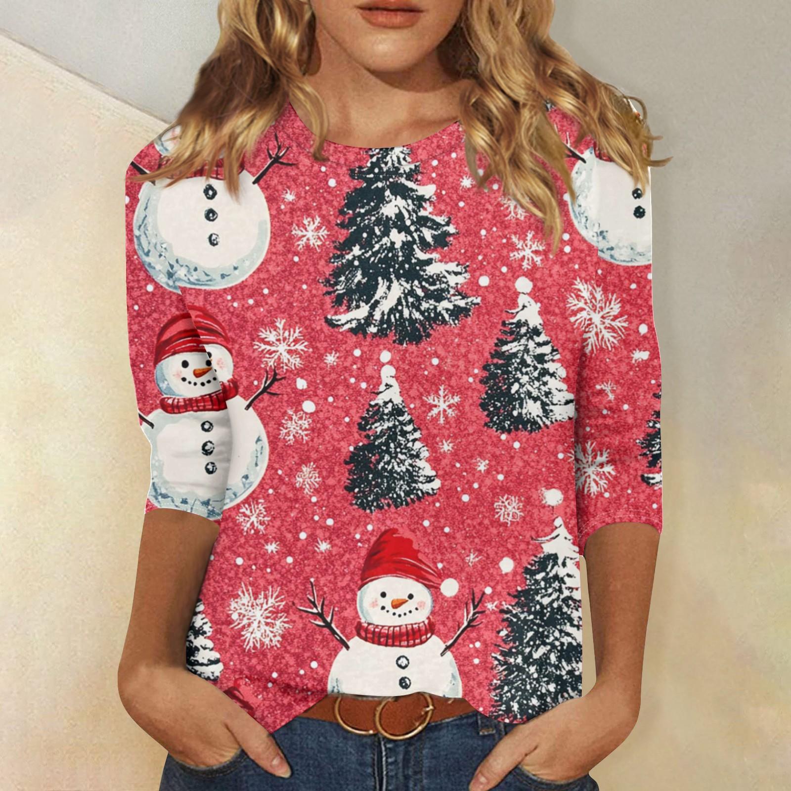 

Женская модная повседневная футболка с круглым вырезом и рождественским принтом, семь рукавов XL киноварь