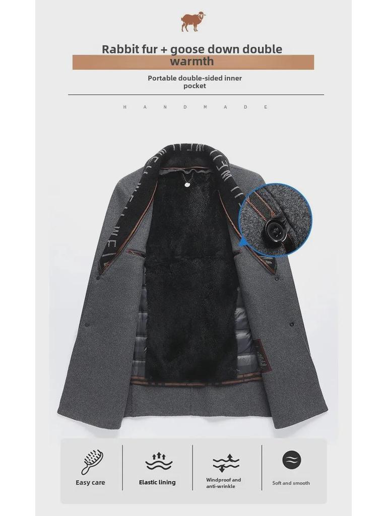Men's Double-Sided Wool Coat with Rabbit Fur, Down Lining, for Autumn/Winter