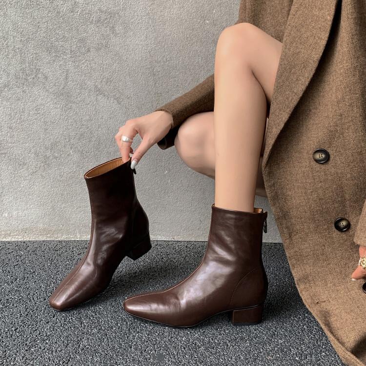 

Thick heel back zipper thin boots 2025 autumn and winter new low-key atmosphere leather fashion boots European and American cowhide leather boots 39