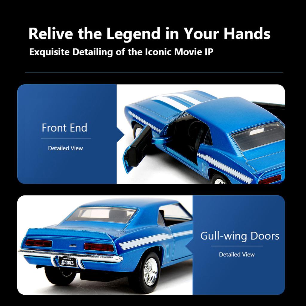 JADA Toys Diecast Car 1:32 FF 1969 Chevrolet Camaro-Free Rolling Candy 3005C Blue Window Box With J Hook Fast & Furious JD34443