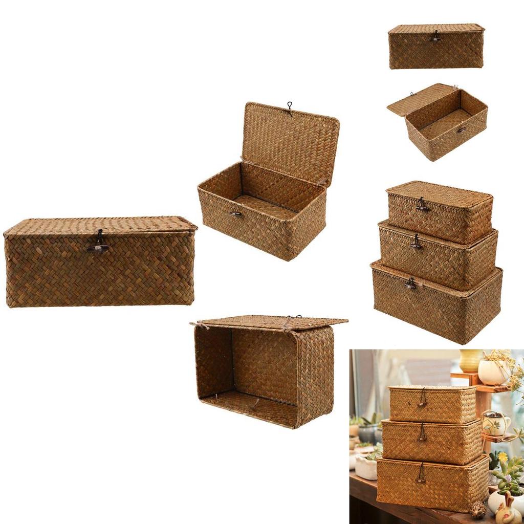 Vintage Handmade Woven Storage Box With Lid Yellow Seagrass Material