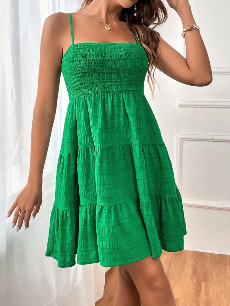 Women's Summer New One-Shoulder Strappy Mini Dress Solid Texture Ruffle Dress