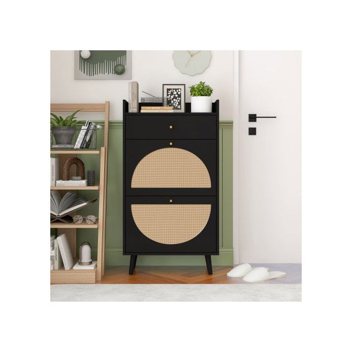 Meuble à chaussures - MUVOE - Double porte - Finition noire - 2 tiroirs - 10 paires de chaussures