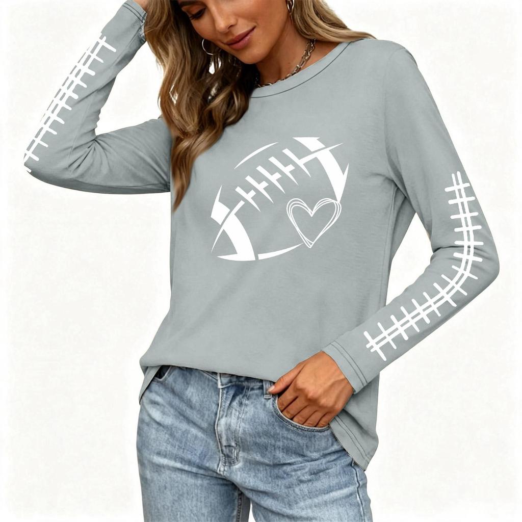 Women's Fashion Long Sleeve Neck Rugby Print Top with Side Split Hem