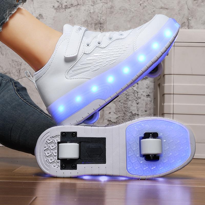 Children's Purple and White Convertible Four-Wheel Roller Shoes with Double-Wheel Hidden Skates