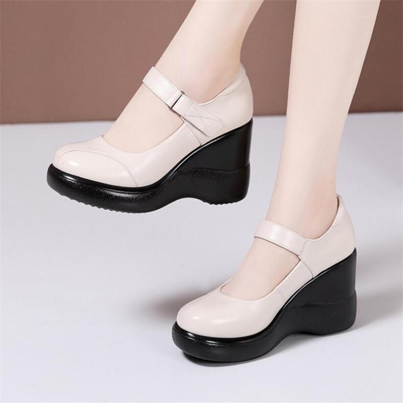 Scarpe Donna in Vera Pelle Scarpe con Plateau da Donna Scarpe Zeppa Punta Tonda da Donna Moda Comfort Morbida Pelle di Mucca Scarpe per Mamma 32-43