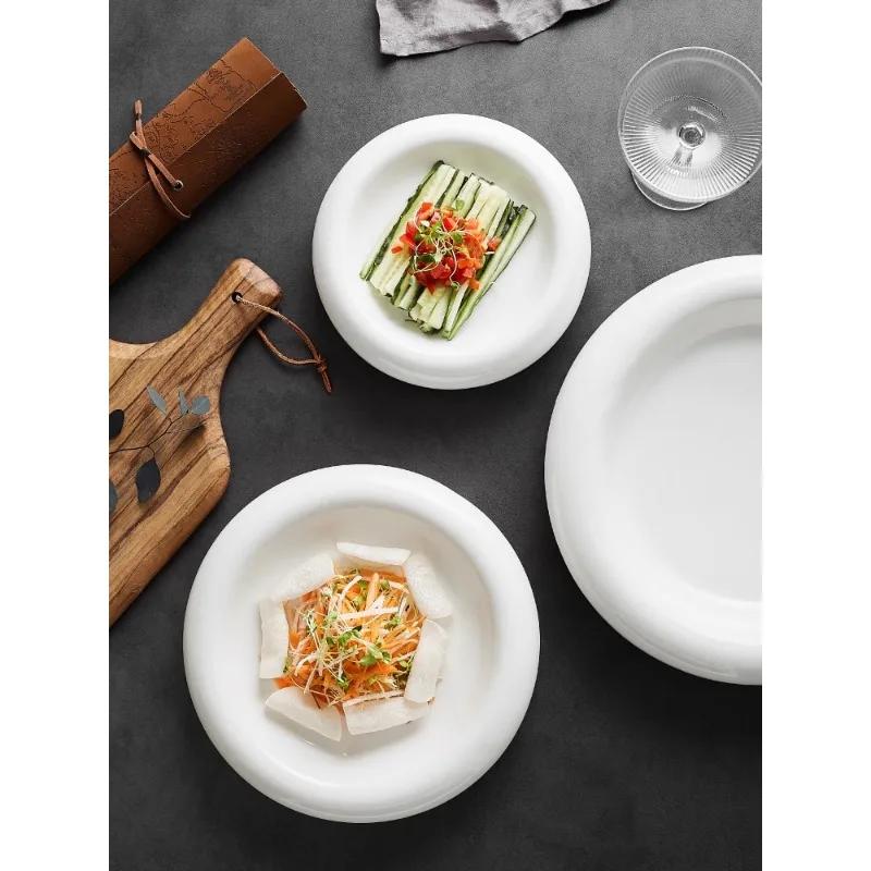 Round White Glazed Ceramic Western-style Dish Double-layer Ceramic Artistic Conception Disk Cold Dish Plate Hotel Tableware