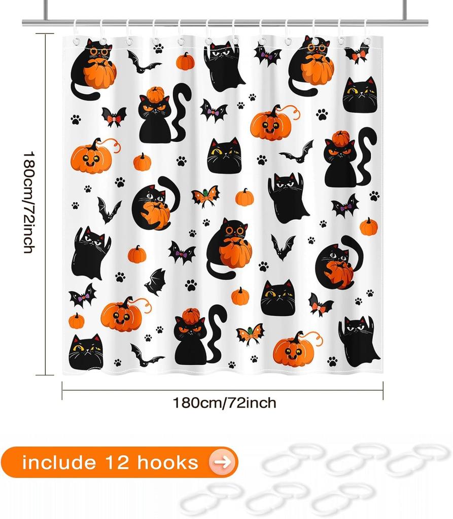 Halloween Shower Curtain Cute Black Cat Pumpkin Ghost Shower Curtain For Halloween Bathroom Decor Waterproof Fabric Bath