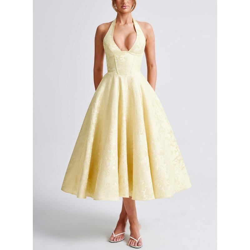 Sexy Elegant V Neck Halter High Waist A Line Long Evening Party Dress
