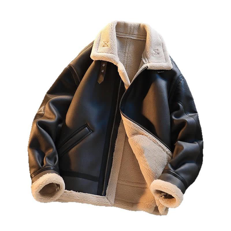 Men's Trendy Shearling Suede Jacket with Fleece Lining and Thick Cotton Padding