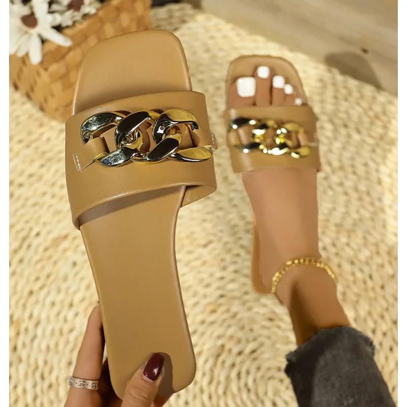 Fashion New Fashion Women's Slippers Square Toe Chain Slippers Flat Slide Sandals Beach Flip Flops Metal Decoration Casual Shoes