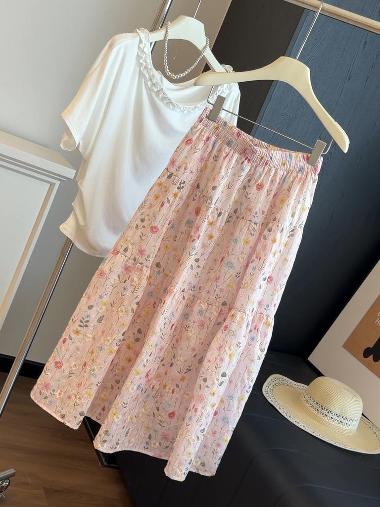 Women's Elastic Waist Maxi Skirt A Line Floral Embroidery Tiered Swing Skirt