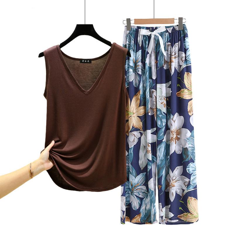 Lockere Modal-Pyjama-Sets Sommer V-Ausschnitt Tanktop und Florale Weite Hosen Lässiger Hausanzug ärmellos Loungewear Übergröße