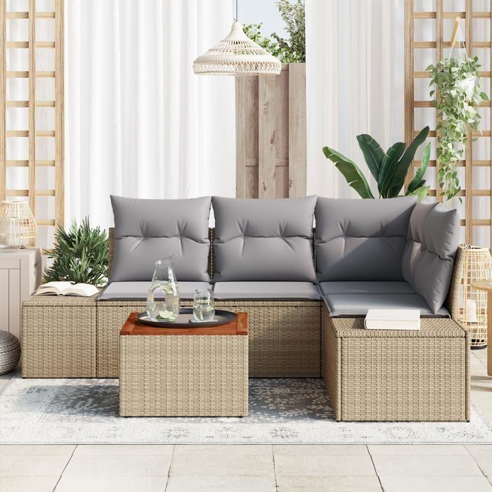 VidaXL Ensemble de canapé de jardin 5 pièces avec coussins en poly rotin et acacia beige 3347952