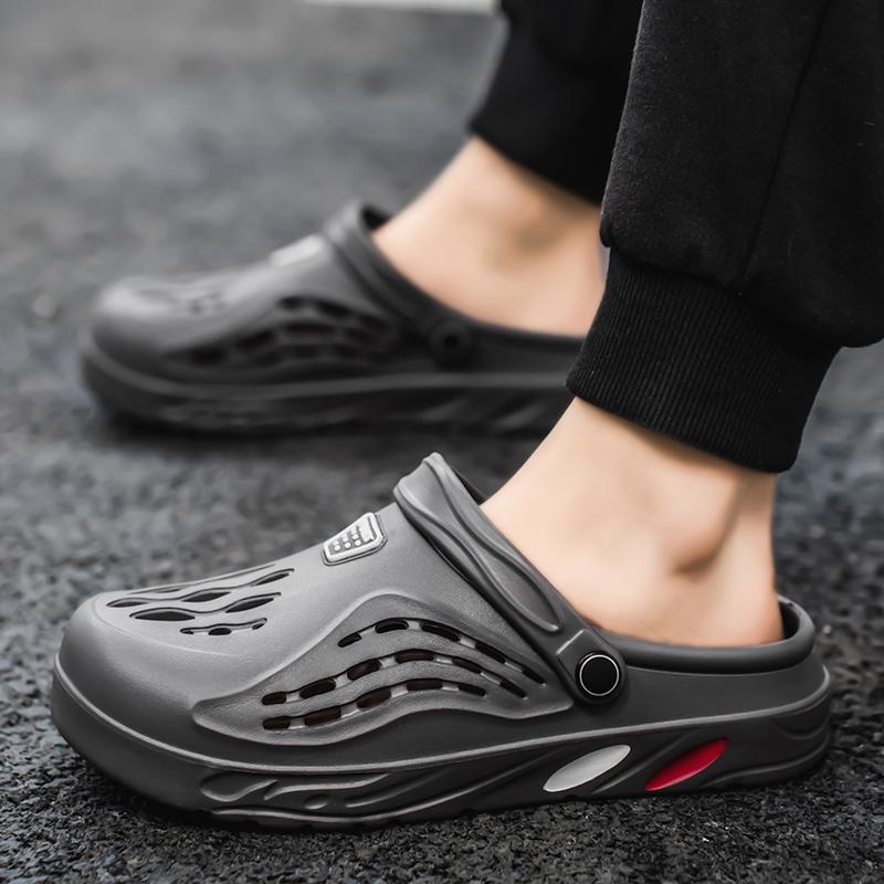 

2025 summer new non-slip beach shoes men s hole shoes one-word drag men s cool slippers bag head men s slippers 47 серый