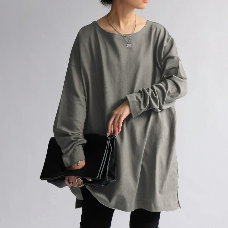 Autumn Minimalist Mid Length Long Sleeved T-shirt for Women Loose Casual Round Neck Pullover Solid Color Base Shirt T-Shirts Women’s