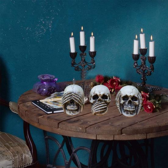 Halloween Skull Figurine See Speak Hear No Evil Resin Skeleton Head Realistic Human Skull Model Statue for Bar Home Table Decor