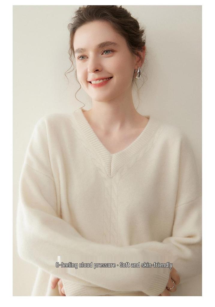 Women's V-Neck Cashmere Blend Pullover: Cozy Cable Knit Sweater for Autumn/Winter