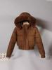 Women's Short Cotton Jacket with Warm Velvet, Fluffy Hood, Big Fur Collar, Petite Winter Outerwear, 2025 Trendy Style.