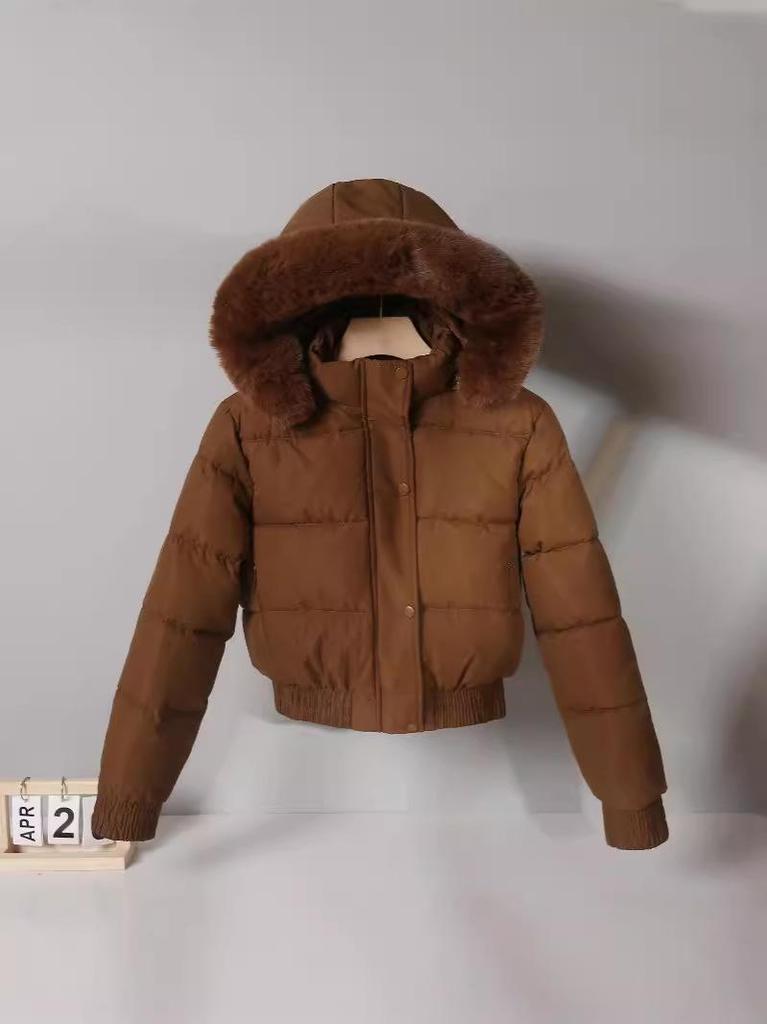 Women's Short Cotton Jacket with Warm Velvet, Fluffy Hood, Big Fur Collar, Petite Winter Outerwear, 2025 Trendy Style.