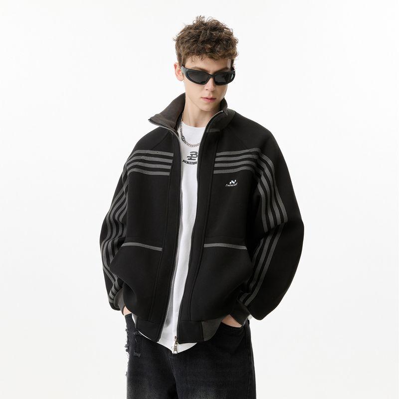 

Dpx American-Style Heavyweight Turtleneck Cardigan Jacket for Men 2025 Autumn New Striped Patchwork Sports Casual Jacket Trendy Black M([Below 62.5kg])