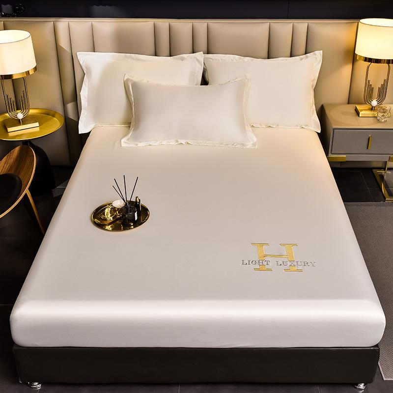 Luxury Satin Fitted Sheet Embroidered Solid Color Mattress Cover with Elastic Band Bed Sheet Bed Linen High-end Rayon Bedsheet