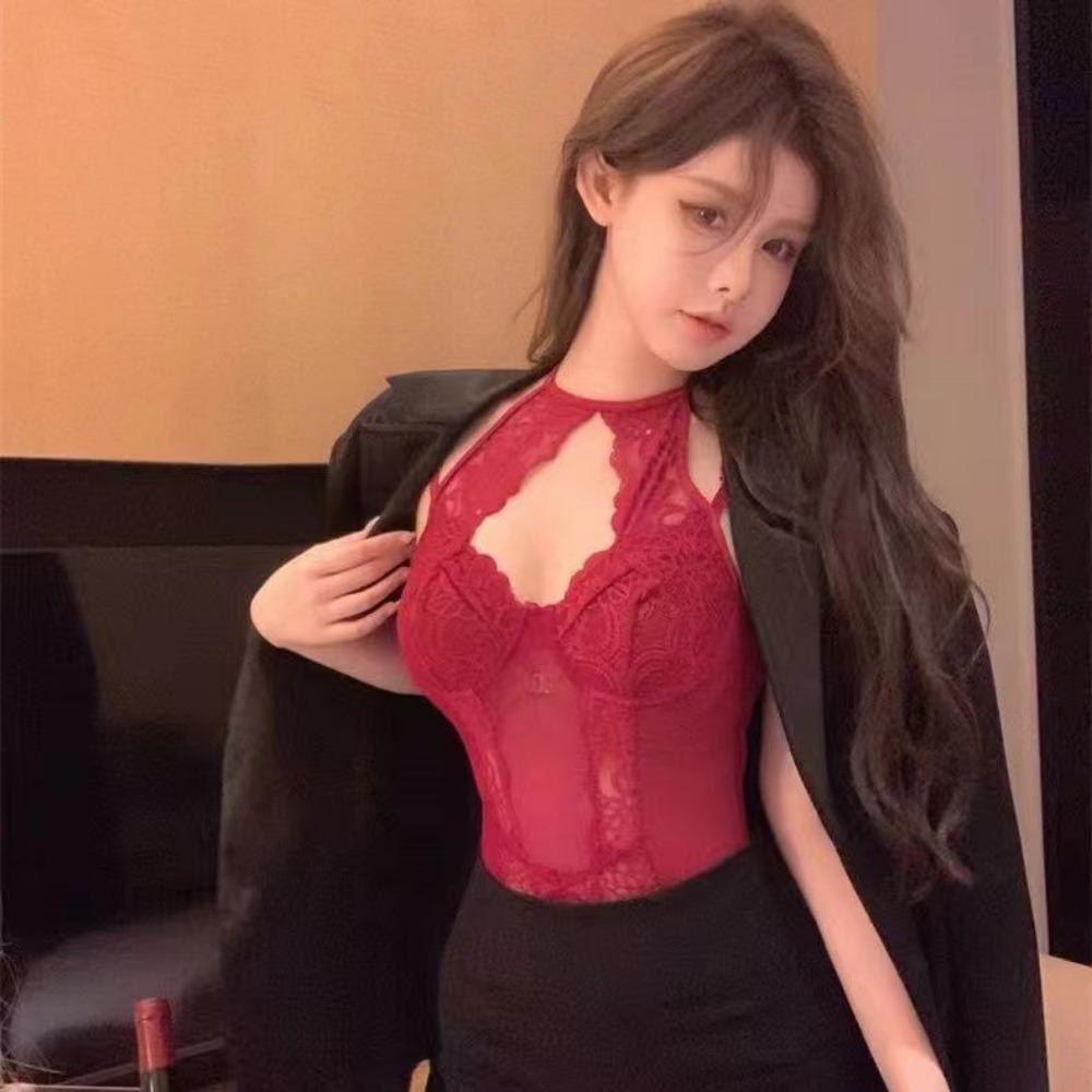 French Royal Sister Style Lace Neck Sling Onesie Empty Lace Splicing with Chest Pad Erotic Underwear Women