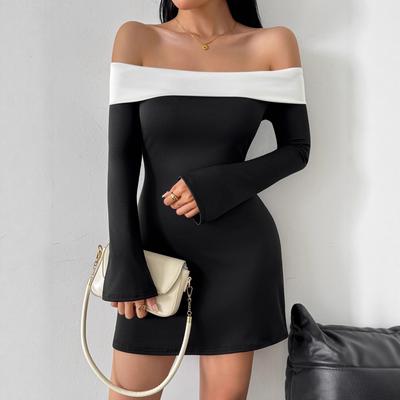 Women Evening Party Flare Sleeve Flat Shoulder Solid Color Bodycon Mini Package Hip Dress