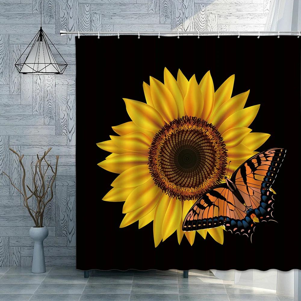 Rose Sunflower Shower Curtain Flower Green Plants Butterfly Bathroom Bath Curtains Waterproof Polyester Cloth Home Decoration