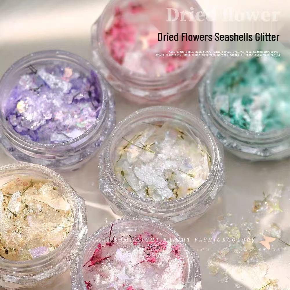 

Dreamy Iridescent Nail Art Glitter with Dried Flowers and Opal Powder