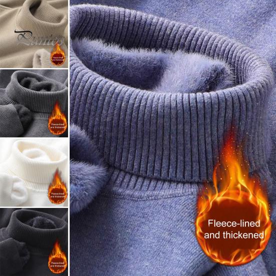 Men Winter Pullover Thickened Turtleneck Sweater Fleece Lined Warm Knitted Long Sleeve Top Casual Loose Fit for Home Office Street Wear Solid Color