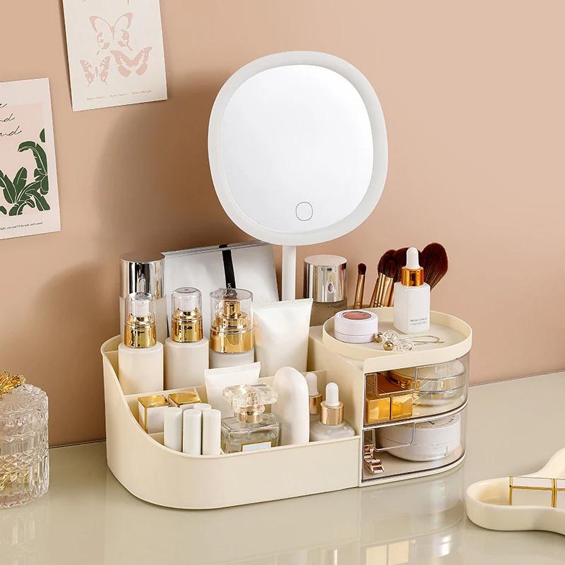 

2026 Makeup Storage Box with Mirror Desktop Dressing Table Makeup Mirror Cosmetics Jewelry Storage Box Touch Light Storage Organizer 33.5X19X12CM&Other